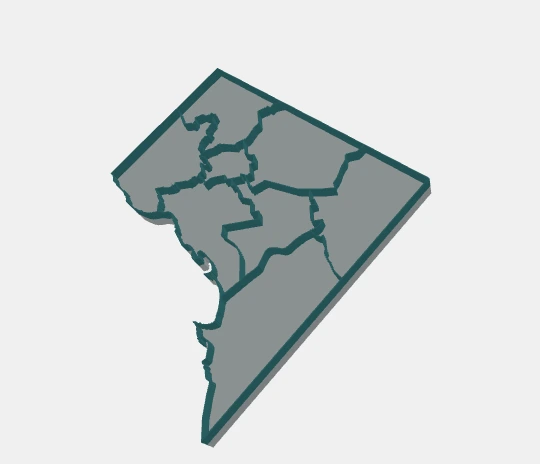 Actual SHP2STL model of Washington, DC, viewed at an angle, with raised teal ward boundaries on a light solid base.